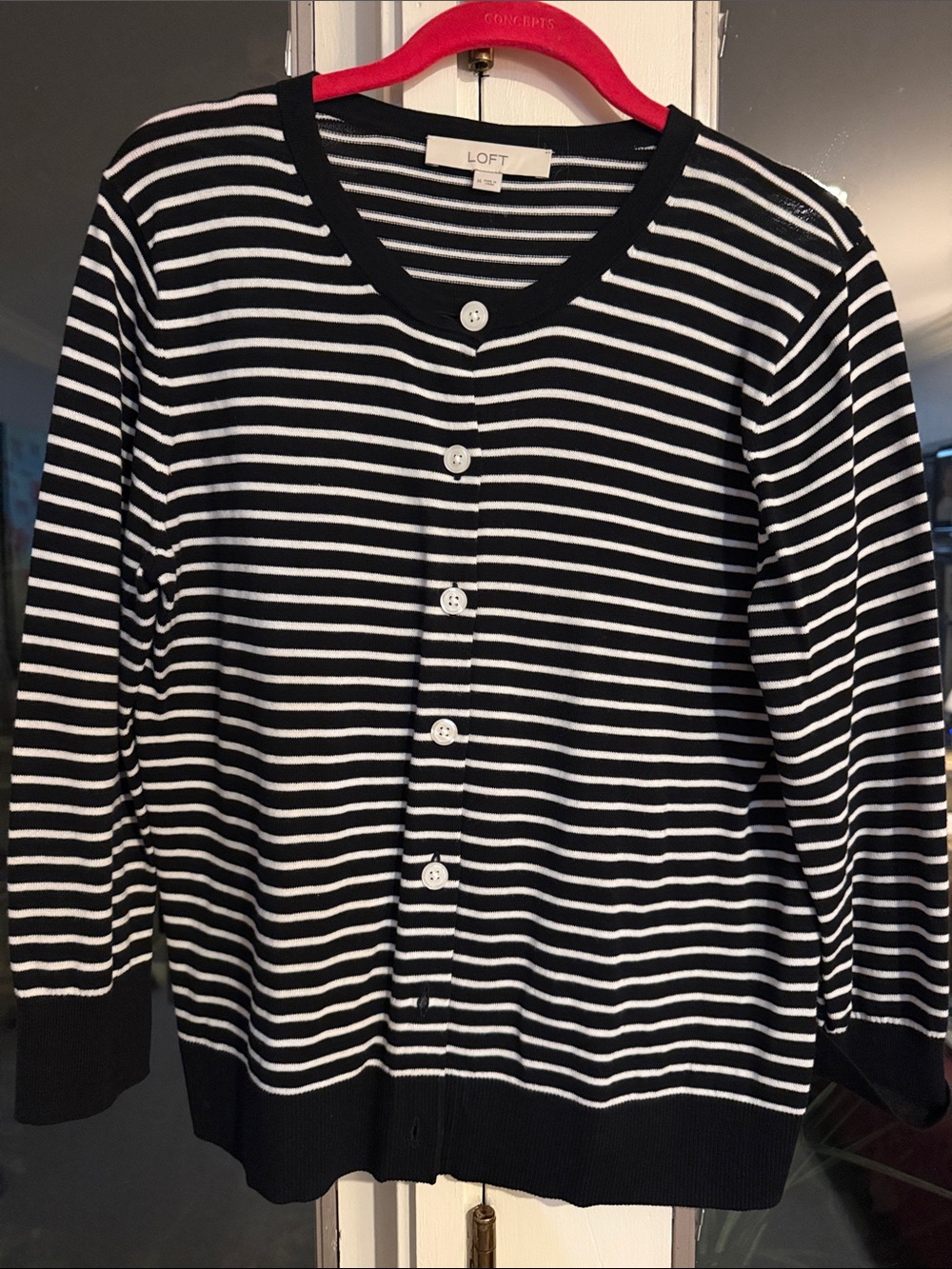 LOFT Black and White Striped Button-Front Cardigan